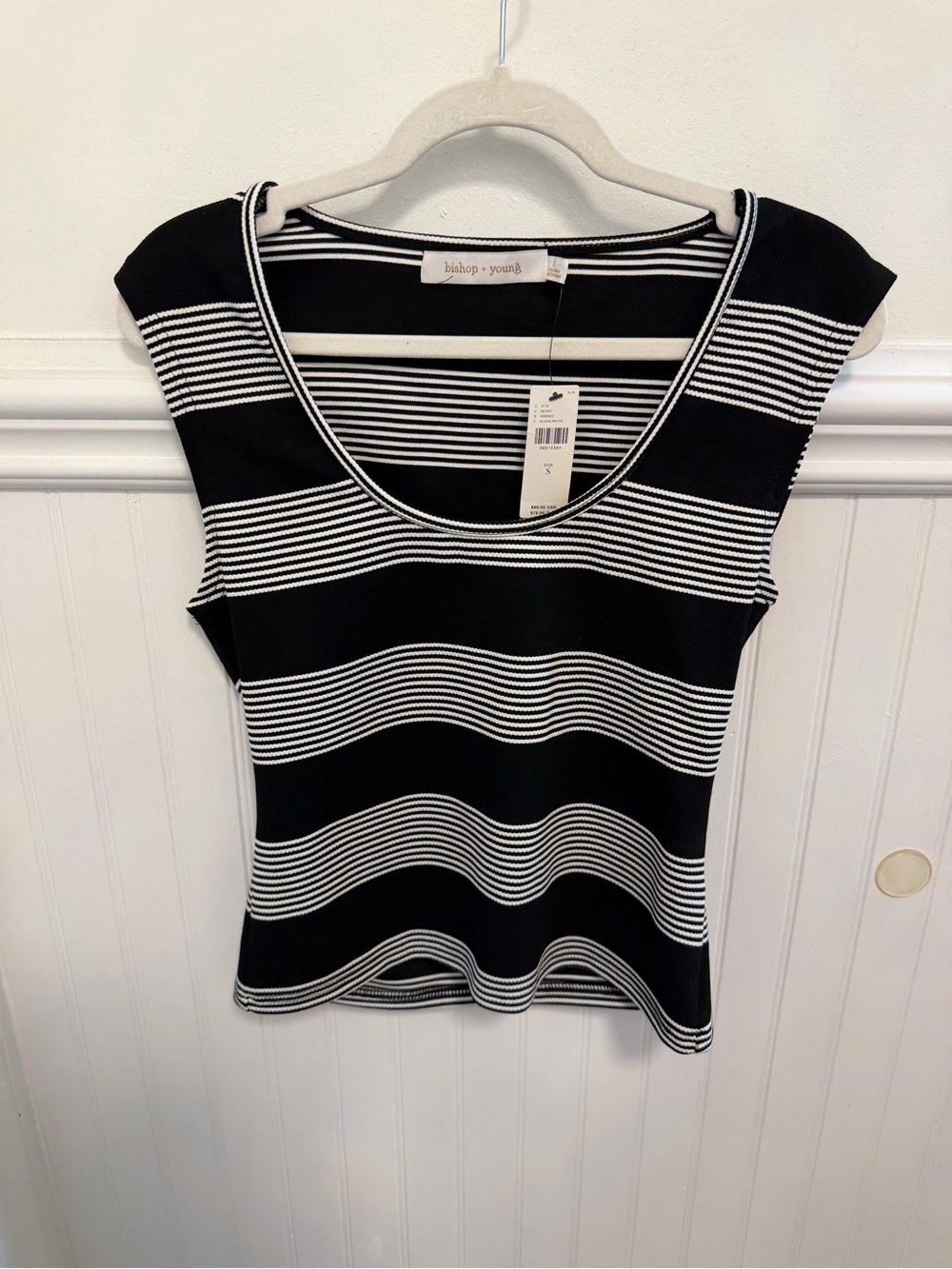 bishop + young Black and White Striped Scoop Neck Cap Sleeve Top